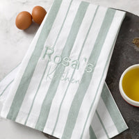 Personalised French Stripe Cotton Tea Towel Sage - Fauve + Co